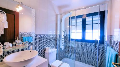 a bathroom with a shower and a toilet and a sink at La Graciosa Mykonos Beach, Junior Suite in Caleta de Sebo