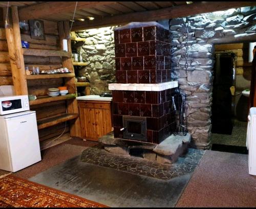 ルムショーリにあるХатина біля потокаの石造りの暖炉付きキッチン