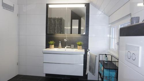 ein Badezimmer mit einem weißen Waschbecken und einem Spiegel in der Unterkunft Loft in der Natur mit Gartenzugang und Sauna in Herisau