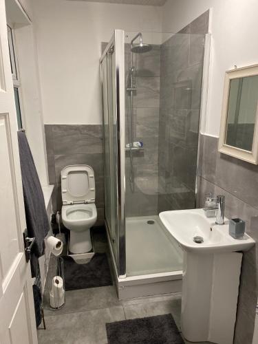 y baño con ducha, aseo y lavamanos. en Lovely 2 Bedroom Apartment with free parking en Mánchester