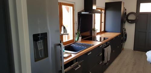 a kitchen with a stove and a sink in it at Le Chalet de la Pierreraie Côte d'Azur Piscine Terrasse et Vue Mer in Drap