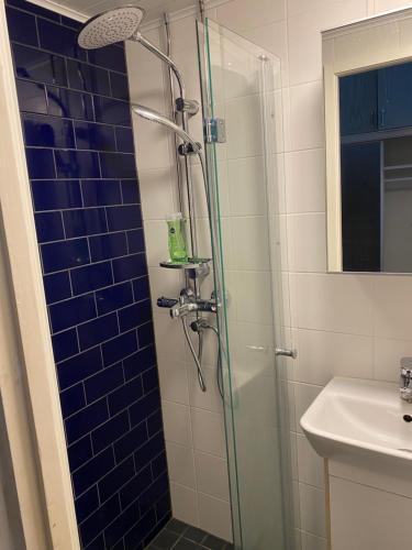 a bathroom with a shower and a sink at Apartment Isokatu in Kokkola