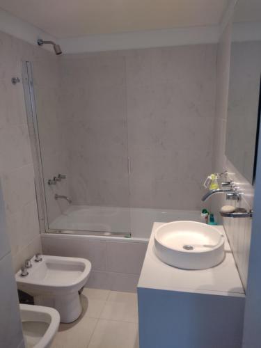 a bathroom with a sink and a toilet and a shower at Departamento Bahía Grande in Ushuaia