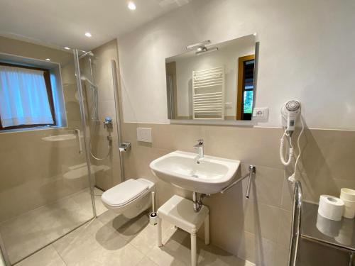 een badkamer met een wastafel, een douche en een toilet bij Matailerhof in Tirolo