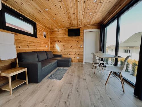 a living room with a couch and a table at Pixel - Tiny Campus in Tîrgu Secuiesc