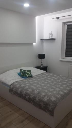 a white bedroom with a bed and a window at Apartament Morski przy plazy in Darlowko