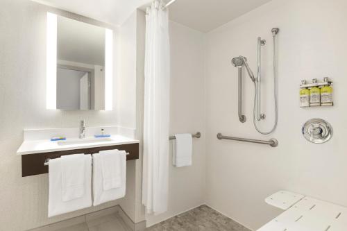 een witte badkamer met een wastafel en een douche bij Holiday Inn Express & Suites Sarasota East, an IHG Hotel in Sarasota