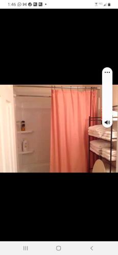 a bathroom with a pink shower curtain and a wii controller at A Touch of Madagascar in Fort Walton Beach with HEATING POOL in Fort Walton Beach