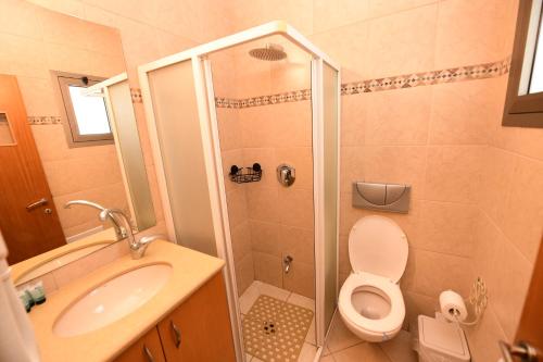 a bathroom with a shower and a toilet and a sink at shohamseaview in Eilat