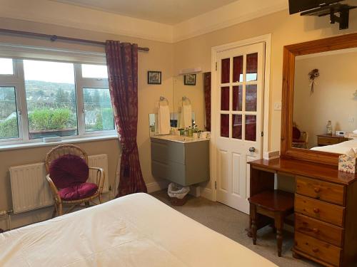 a bedroom with a bed and a desk and a mirror at Buttermilk Lodge in Clifden