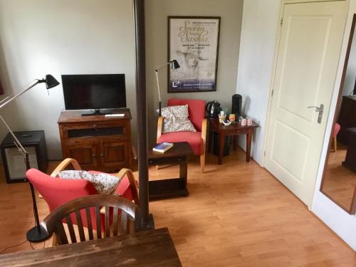 a living room with a tv and chairs and a lamp at Bed and breakfast Zathe De Spieker in Itens