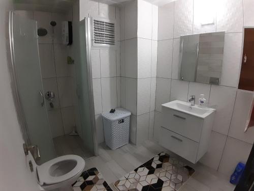 a bathroom with a toilet and a shower and a sink at Canans Home in Demre