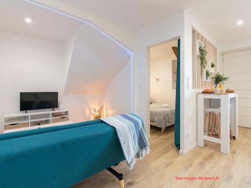una camera con letto e TV e una camera di Au confort du port roannais a Roanne