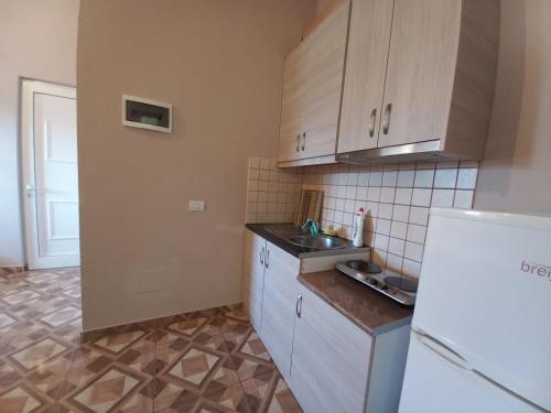 a small kitchen with a sink and a refrigerator at Arjana & Nelaj Apartments in Ksamil