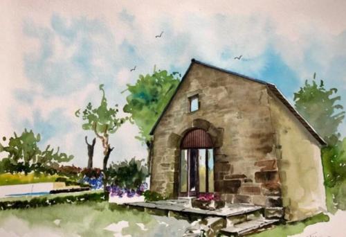 a painting of a stone house in a yard at Gîte La Grange in Langoëlan