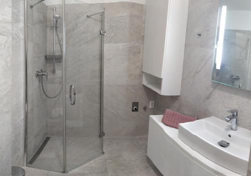 a bathroom with a shower with a sink and a toilet at Krásny byt s výhľadmi v historickom centre in Bratislava