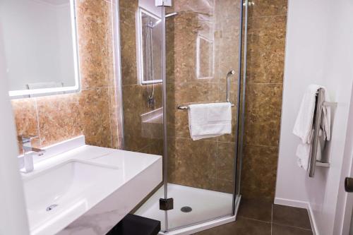 La salle de bains est pourvue d'un lavabo et d'une douche en verre. dans l'établissement The Village Inn Hotel, à Te Anau