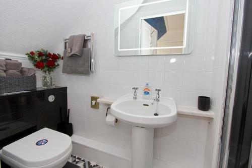 uma casa de banho branca com um lavatório e um WC em Braeside Guest Rooms em Portree