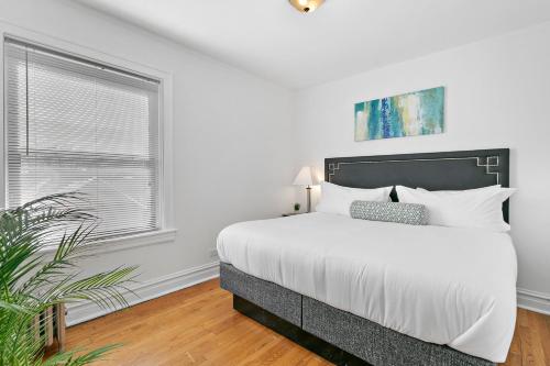 um quarto branco com uma cama grande e uma janela em Charming 1BR Apt in North Center Near Shops- Larchmont 3 em Chicago