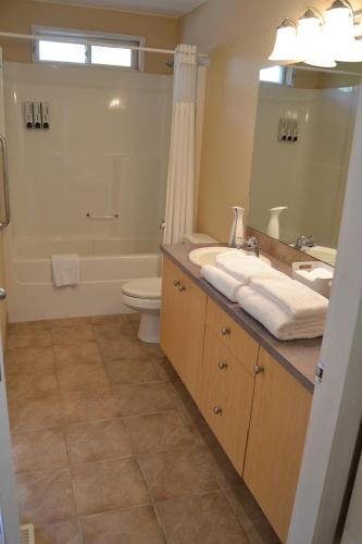 a bathroom with a sink and a toilet and a mirror at Salish B&B and Spa in West Kelowna