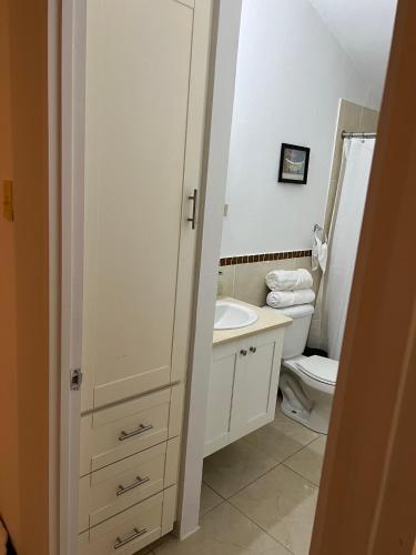 a white bathroom with a toilet and a sink at Joy Estate Rooftop Pool n View unit #1 in Falmouth