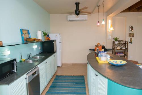 a kitchen with a sink and a counter top at Marks Reef in Lance aux Épines