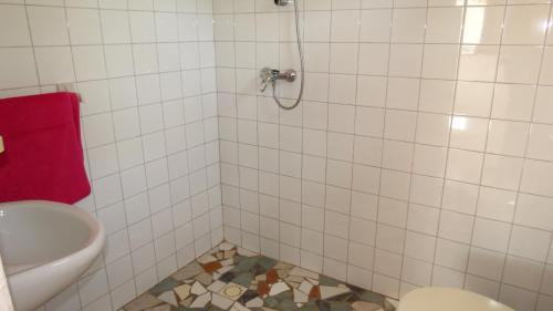 W łazience znajduje się prysznic, umywalka i toaleta. w obiekcie Kasa KAÏSSAKU Idéale pour Surfeurs et Kitesurfeurs w mieście Kafountine