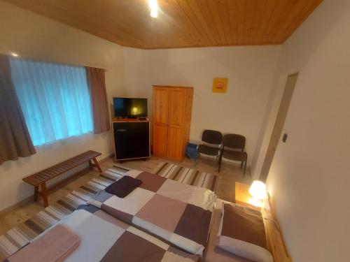 a bedroom with two beds and a television in it at Attila's Guest House in Budaörs