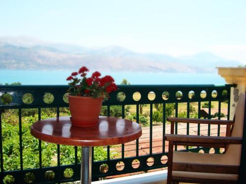 a table with a vase of flowers on a balcony at Remenata in Lixouri
