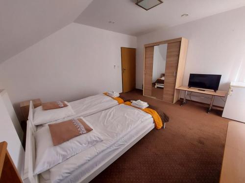 a bedroom with a large bed and a television at Zajazd Promyk 