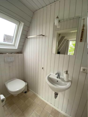 a bathroom with a sink and a toilet and a mirror at Leichte Brise in Brodersby