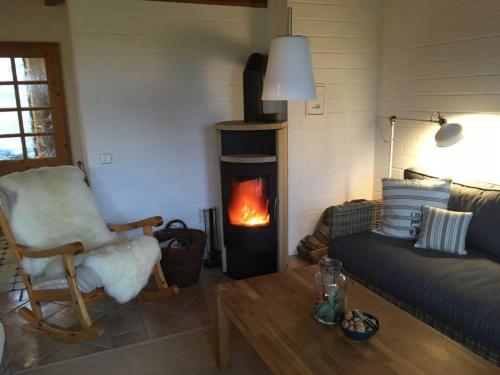 a living room with a couch and a fire place at Schlei-Garten in Ulsnis