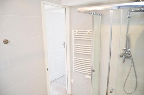 a bathroom with a shower with a glass door at Sunny apartment in heart of Nice Old Town in Nice