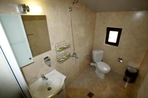 a bathroom with a white toilet and a sink at Hotel Divna in Krumovgrad
