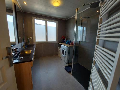La salle de bains est pourvue d'un lavabo et d'un lave-linge. dans l'établissement Entre lac et montagne, proche centre de St Jorioz, spacieux et confortable appartement avec grande terrasse, à Saint-Jorioz