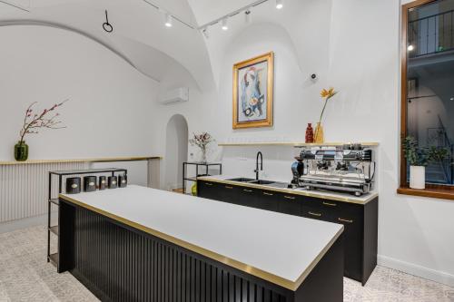 a large kitchen with a counter and a sink at Palace Apartments in Bratislava