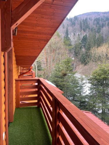 a balcony of a cabin with a view of the woods at Villa Затишна de luxe in Mykulychyn