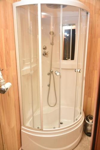a white shower with a glass enclosure in a bathroom at Olga Hotel SPA in Tatariv
