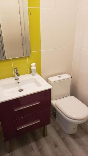 une salle de bain avec toilettes, lavabo et miroir dans l'établissement Studio spacieux proche plage. Wi-fi, climatisation, à Bormes-les-Mimosas