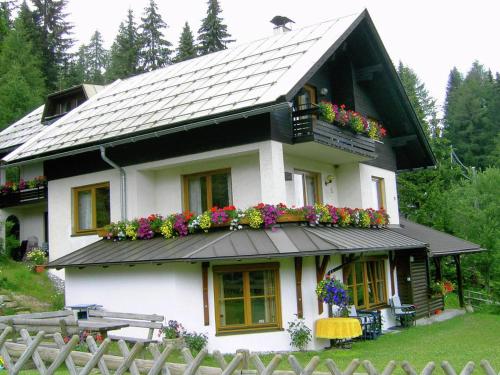 ゾンネンアルペ・ナスフェルトにあるHoliday apartment in Nassfeld Carinthia with saunaの正面に花箱がある家