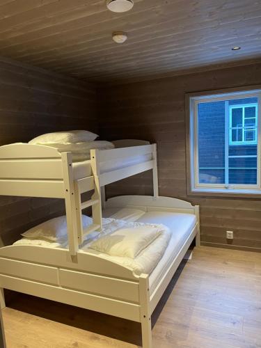 two bunk beds in a room with a window at Panorama 17 - fantastisk utsikt! in Sogndal