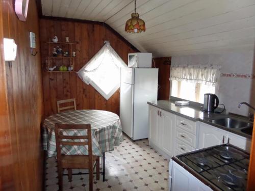 a small kitchen with a table and a refrigerator at Hostal y Cabañas Villa Germana in Puerto Varas
