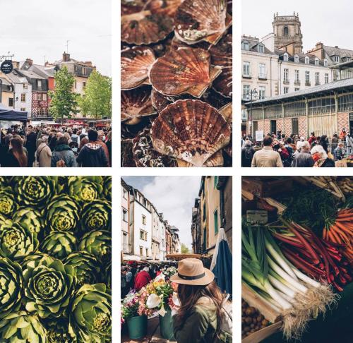 a collage of photos of a crowd of people at a market at Appartement proche de Rennes in Vezin-le-Coquet