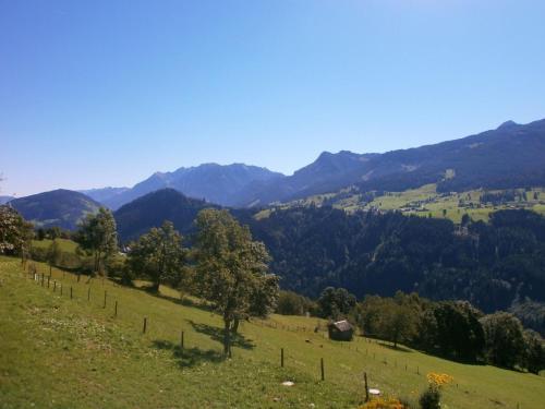 a field with a fence and mountains in the background at Cosy holiday flat in a farmhouse in Taxenbach