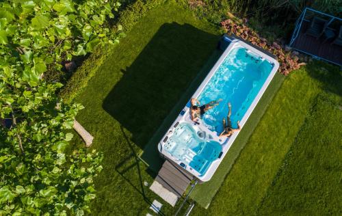 an overhead view of a swimming pool in the grass at Hotel Golden Lake Resort in Balatonfüred