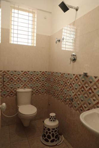 Sai Inn Mysore في ميسور: حمام مع مرحاض ومغسلة