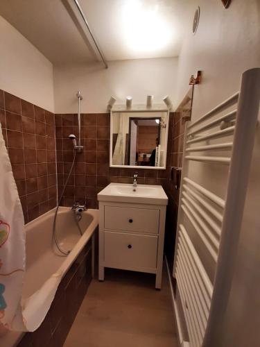 une salle de bain avec une baignoire et un lavabo et une baignoire dans l'établissement Studio Confortable style Chalet, Saint Lary Soulan centre village, 6 nuits minimum, à Saint-Lary-Soulan