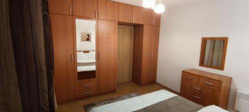 1 dormitorio con armarios de madera, 1 cama y espejo en Neviasta Apartment en Smolyan