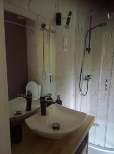 a bathroom with two sinks and a shower at Domek Jana in Mrągowo