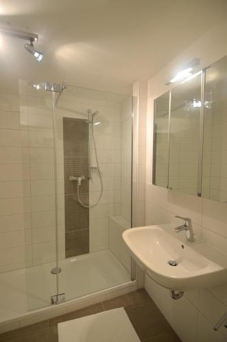a white bathroom with a shower and a sink at Zentrale Altstadtwohnung im historischen Riemenschneiderhaus in Würzburg